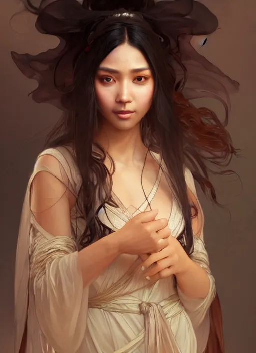 Image similar to cute brown woman wearing a transparent night gown and hanfu face veil, fantasy, intricate, highly detailed, digital painting, artstation, concept art, wallpaper, smooth, sharp focus, illustration, art by artgerm and greg rutkowski and alphonse mucha