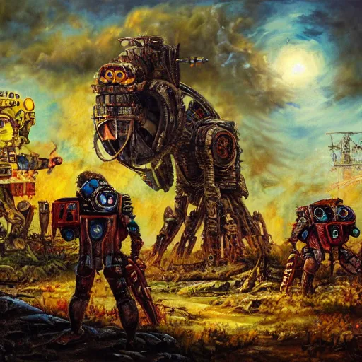 Image similar to nuclear war, rockets, giant robots, brutal warfare, skulls, on ancient post - apocalyptic planet, jim henson creature shop, vivid and colorful, thomas kincaid, cinematic, oil painting, highly detailed, illustration
