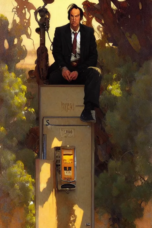 Prompt: saul goodman at a lonely!!!! pay phone in the desert!!!!, painting by'phil hale '!!! gaston bussiere, craig mullins, greg rutkowski, alphonse mucha, lady liberty