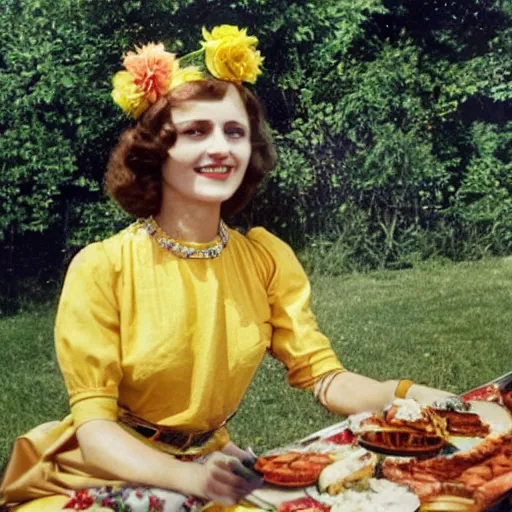 Prompt: an image of a queen with tan skin long rippling cinnamon hair and emerald colored eyes in a medium full shot, vintage historical fantasy 1 9 3 0 s kodachrome slide german and eastern european mix. the queen is pictured attending a barbecue for youth volunteers. she is dressed in a yellow dress paired with floral accessories.