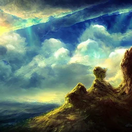 Image similar to a flying island in the sky, clouds background, a giant rock in the sky, epic fantasy style art, fantasy epic digital art