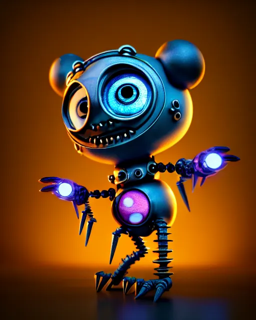 Image similar to a tiny cute cyberpunk monster with cogs rods bolts big eyes smiling waving, back view, isometric 3 d, ultra hd, character design by mark ryden pixar hayao miyazaki, unreal 5, daz, hyperrealistic, octane render, cosplay, rpg portrait, dynamic lighting, intricate detail, front lighting, cinematic, symmetrically isometrically centered