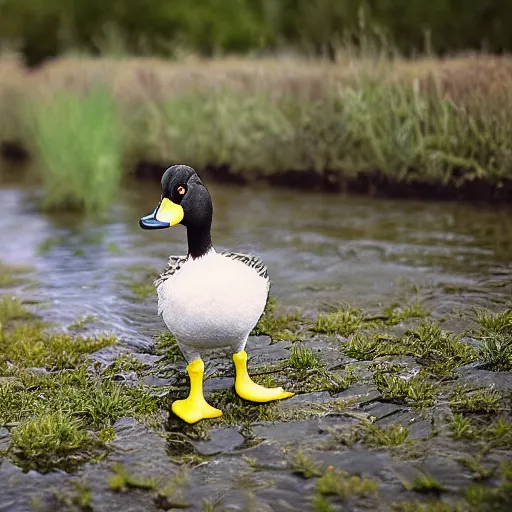 Image similar to a duck wearing black rubber boots in the french countryside, realistic, detailed, 8 k