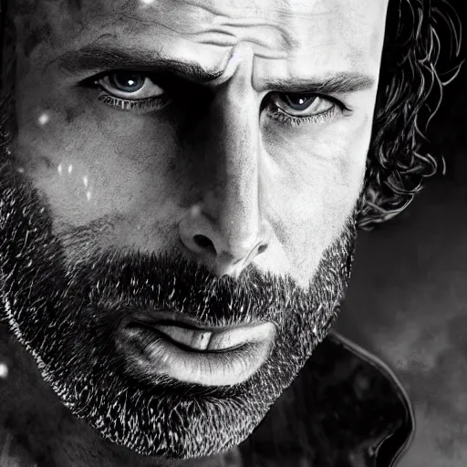 Prompt: rick grimes, the walking dead, zombies, head and shoulders shot, sharp focus, digital art, Hyper-realistic, 4K, Unreal Engine, Highly Detailed, HD, Dramatic Lighting by Brom, trending on Artstation