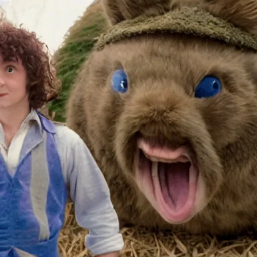 Prompt: a british lad as Bartook a teen hobbit with short curly dark brown hair wearing a blue vest with a white sash standing next to a giant rabbit, high resolution film still, movie by Peter Jackson