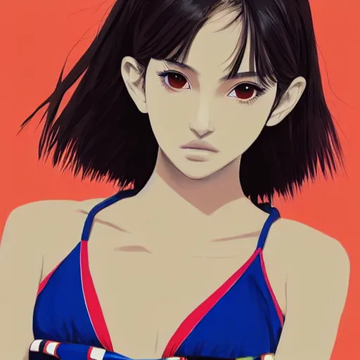Image similar to a beautiful young japanese natalie portman alluring gravure model, stylized concept art, wearing elegant designer bomber jacket and one piece bikini, bomber jacket with mesoamerican patterns, mesoamerican native street fashion, princess mononoke, painted by ilya kuvshinov aesthetic, gorgeous, stunning, alluring, attractive, artstation, pinterest, digital art