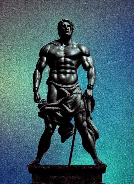 Prompt: statue of hercules, beeple, vaporwave, retrowave, abstract neon shapes, black background, glitch, pixel sorting, strong contrast, pinterest, trending on artstation