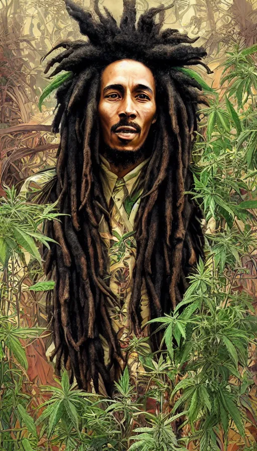 Image similar to impressive cottagecore bob marley , black rasta Hair, cannabis plants background, intricate, elegant, highly detailed, digital painting, artstation, concept art, smooth, sharp, focus, illustration, art by artgerm and greg rutkowski and alphonse mucha