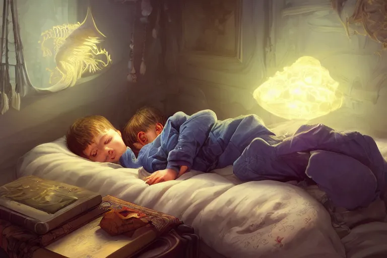 Prompt: a beautiful illustration of a little cute boy in his bed dreaming about a beautiful, fantasy, intricate, epic lighting, cinematic composition, hyper realistic, 8 k resolution, unreal engine 5, by artgerm, tooth wu, dan mumford, beeple, wlop, rossdraws, james jean, marc simonetti, artstation