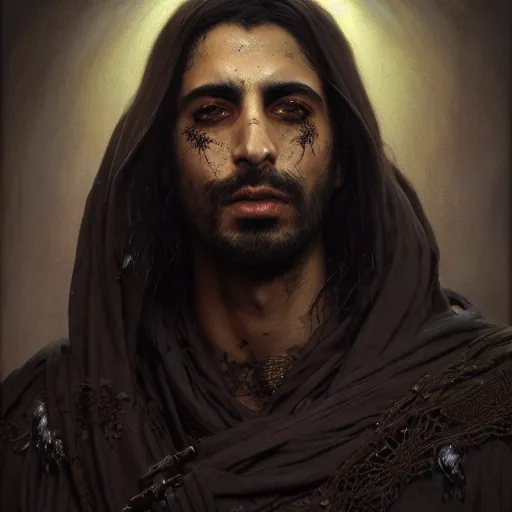 Image similar to portrait painting of a middle - eastern man with shoulder length hair and wearing a tattered black feather cloak and coat, ultra realistic, concept art, intricate details, eerie, highly detailed, photorealistic, octane render, 8 k, unreal engine. art by artgerm and greg rutkowski and charlie bowater and magali villeneuve and alphonse mucha