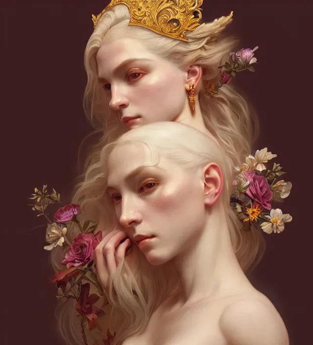 Image similar to baroque portrait of a blonde princess of porceline skin, floral tattoos, cinematic lighting, photorealistic, octane render, 8 k, depth of field, art by artgerm and greg rutkowski and alphonse mucha and uang guangjian