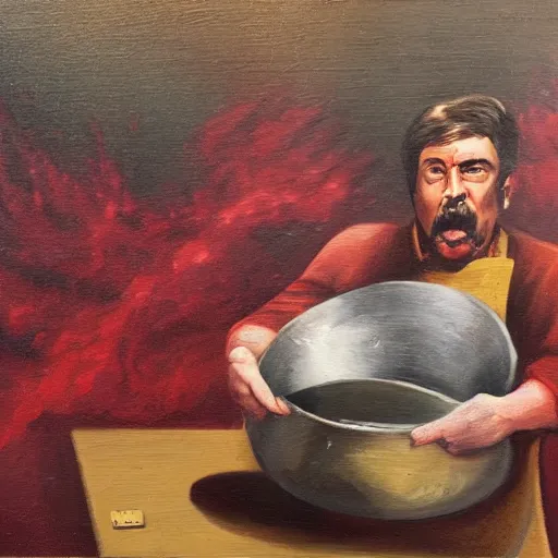 Image similar to oil painting still of kitchen sink full of dirty dishes with red smoke coming out, angry man, high detail