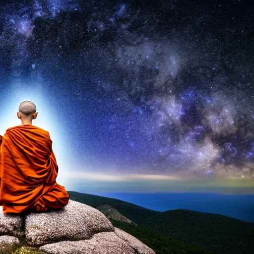 Prompt: high definition render of a monk on top of a mountain, full moon, milky way, galaxy, buddhism, 8 k, symbolic, intricate, detailed, raytracing