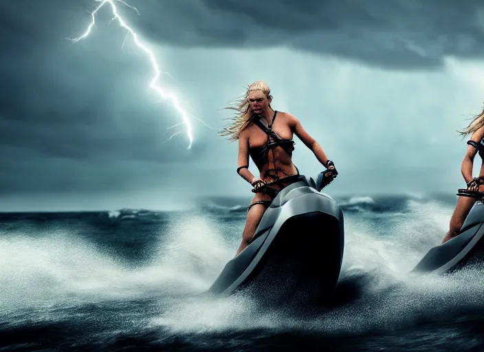 Image similar to dramatic photo of viking women with weapons riding on jet skis, wearing skin - tight futuristic valkerie bikinis, rough seas in background, lightning storms, water world, mad max, hyper - realistic, highly detailed, accurate, 8 k octane render, 2 8 mm, wide angle, rule of thirds