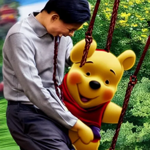 Image similar to winnie the pooh pushing xi jinping on a swing