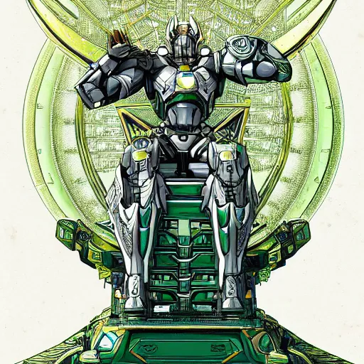 Prompt: Greek God in Mecha style, seated on a throne, high camera angle, symmetrical, in the graphic style of Matt Sanz and DC Comics, hyper detailed, trending on artstation, green glow