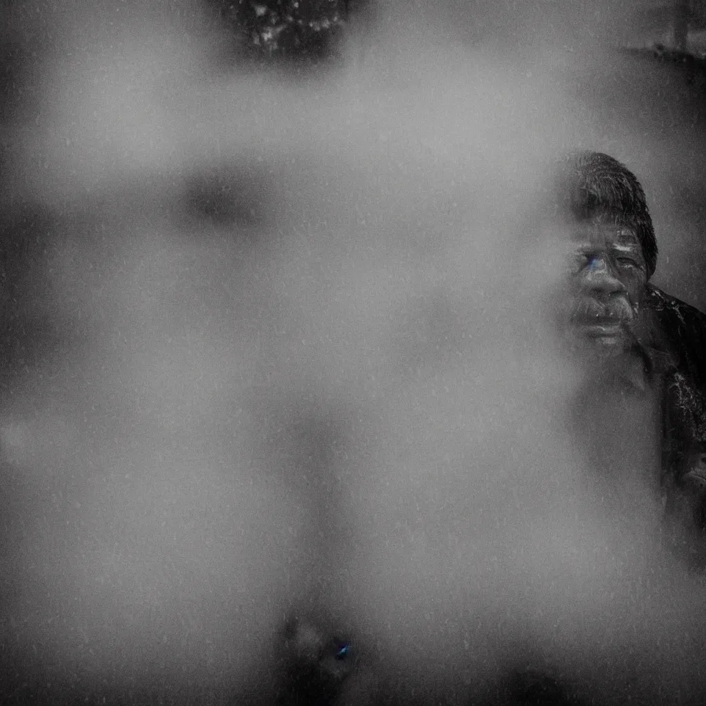 Image similar to Monochrome portrait of an intense old Nepali man on a rainy misty Kathmandu street at night, the only light source are bright overhead street lights, close-up, motion blur, grainy Tri-x pushed to 3200, 24mm tilt-shift, water drops on the lens, holga