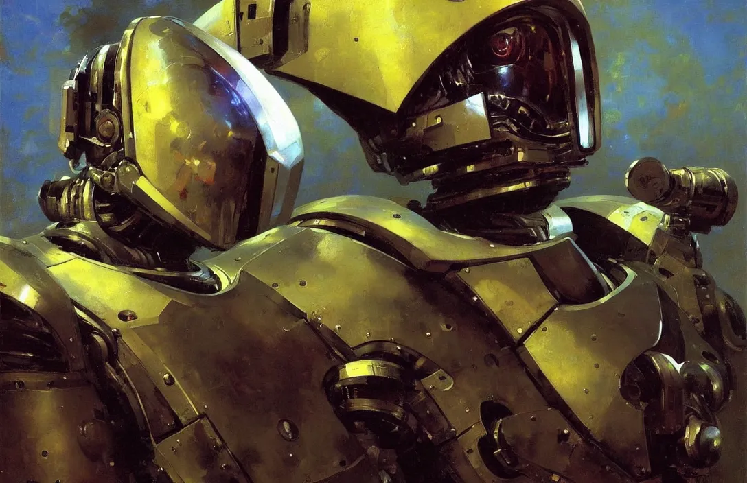 Image similar to portrait of futuristic space robot!!!!!!!!!!!!!!!!!!!!!!!!!!!, detailed face, detailed painting, epic lighting, by ilya repin, phil hale and kent williams