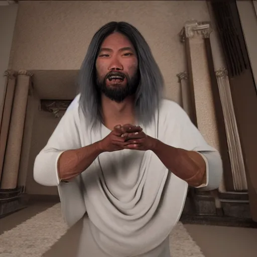 Image similar to hyper realistic unreal engine 4 render of a half - cat half - human asian jesus performing a miracle on a blind human