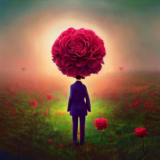 Image similar to giant rose flower head, frontal, girl in a suit, surreal photography, sunrise, dramatic light, impressionist painting, digital painting, artstation, simon stalenhag