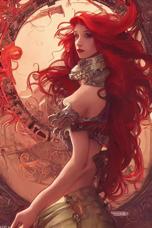 Image similar to ariel little mermaid steampunk, red hair, high fantasy, dnd, smooth, sharp focus, illustration, highly detailed, digital painting, artstation, concept art, by disney animation, rossdraws, alphonse mucha, frank fanzzeta, collectible card art