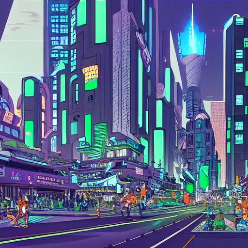 busy street in the city of the future, wide shot, by | Stable Diffusion ...