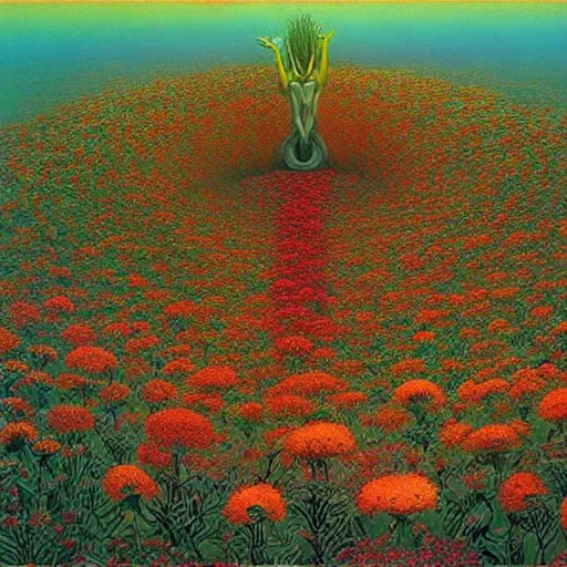 Image similar to a beautiful vortex made of flowers in the style of Zdzisław Beksiński,