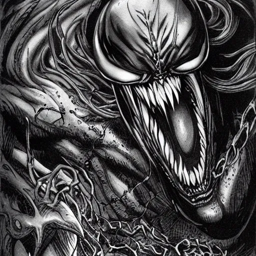 Image similar to Venom by Kentaro Miura, highly detailed, black and white