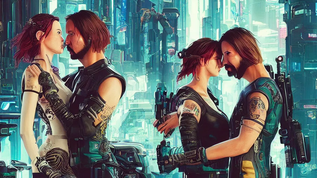 Prompt: a cyberpunk 2077 srcreenshot wedding couple portrait of a Keanu Reeves and a female android final kiss,love,film lighting,by Laurie Greasley,Lawrence Alma-Tadema,Andrei Riabovitchev,Dan Mumford,John Wick,Speed,Replicas,artstation,deviantart,FAN ART,full of color,Digital painting,face enhance,highly detailed,8K,octane,golden ratio,cinematic lighting