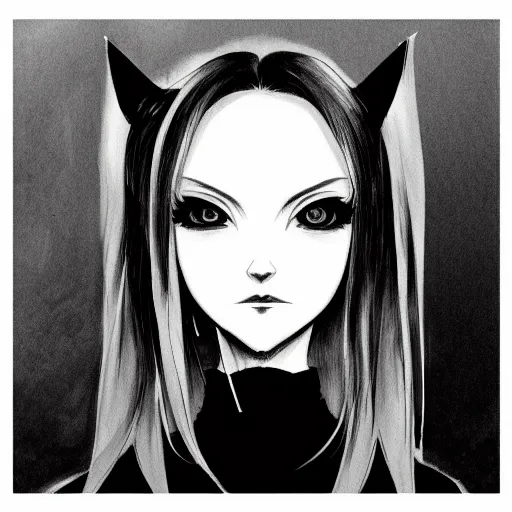 Image similar to headshot art of a goth anime woman, attractive, symmetrical face, trending on artstation, black and white watercolor