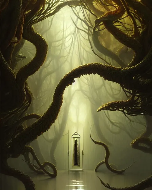 Prompt: a hyper - detailed 3 d render like an oil painting of doors of the endless canopy, surrealism!!!!! surreal concept art, lifelike, photorealistic, digital painting, aesthetic, smooth, sharp focus, artstation hd, by greg rutkowski, bruce pennington, valentina remenar,