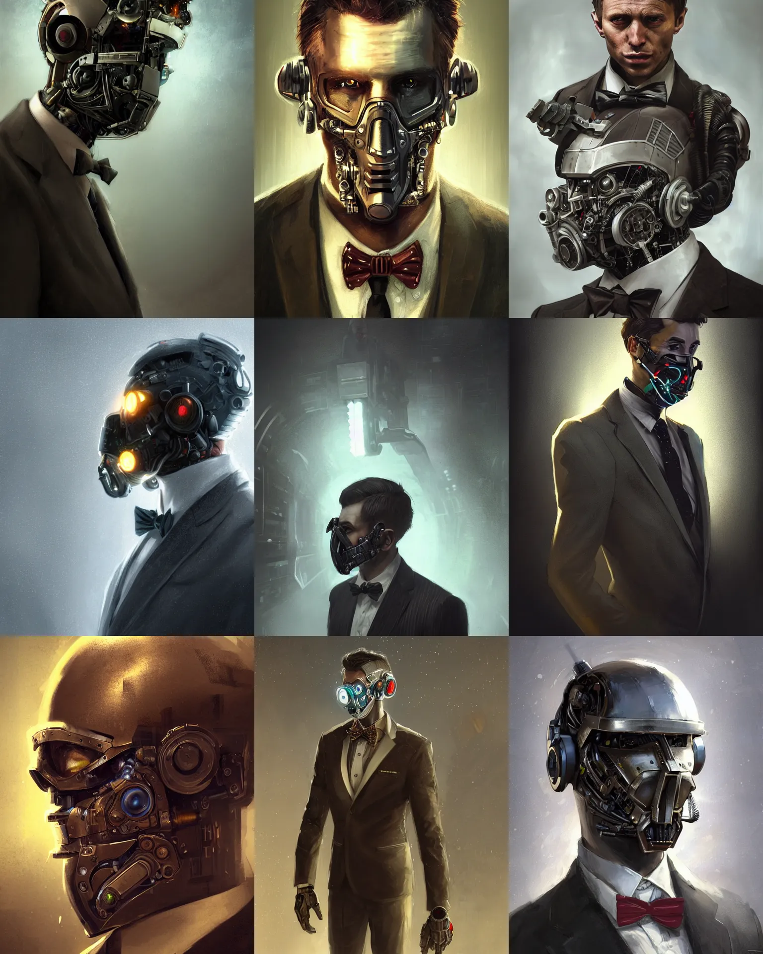 Image similar to a rugged young engineer man with cybernetic enhancements wearing a suit and bowtie, detailed face with mask, scifi character portrait by greg rutkowski, esuthio, craig mullins, 1 / 4 headshot, cinematic lighting, dystopian scifi gear, gloomy, profile picture, mechanical, half robot, implants, steampunk