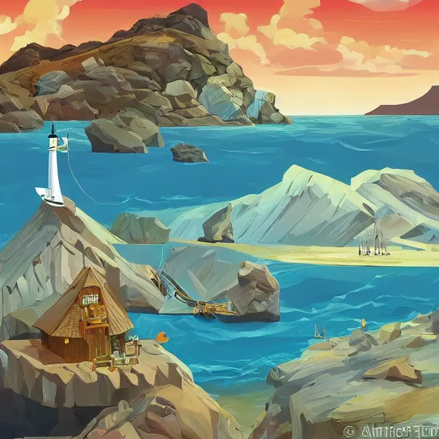 Image similar to a remote island research station in the middle of the ocean, rhads!!!, magical realism, archipelago!, urban fantasy, saturday morning cartoon, clean linework, ( alexander archipenko ), western animation