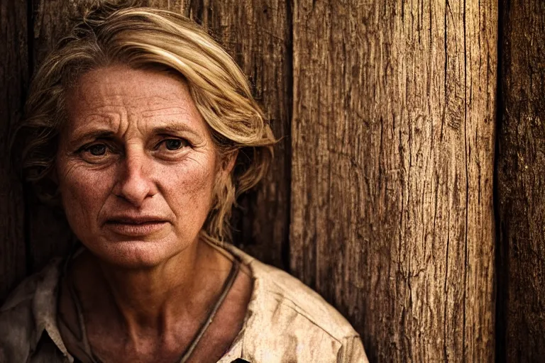 Image similar to a cinematic headshot portrait of a farmer, stood outside a wooden cabin, movie still, shallow depth of field, ultra realistic, dramatic lighting, by annie leibovitz