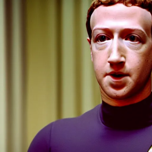 Image similar to a still of mark zuckerberg as data the android in star trek : the next generation ( 1 9 8 7 ), wearing a yellow star trek uniform