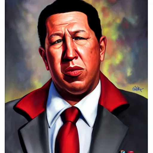 Image similar to an ultra - realistic portrait painting of hugo chavez in the style of alex ross. 4 k. ultra - realistic. highly detailed. epic lighting.