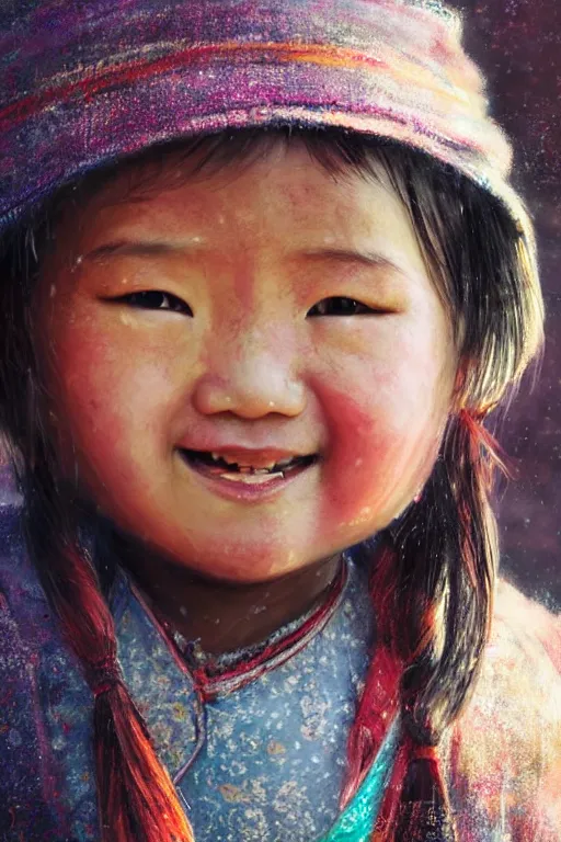 Image similar to Tibetan little girl, joyful, close-up portrait, intricate, elegant, volumetric lighting, scenery, digital painting, highly detailed, artstation, sharp focus, illustration, concept art, ruan jia, steve mccurry