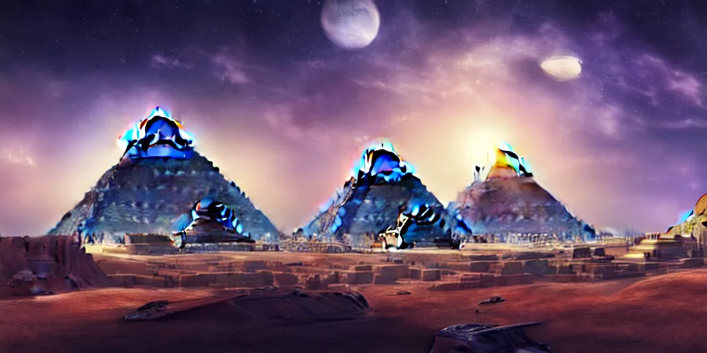 Image similar to a beautiful view of a spaceport at the pyramids, matte painting, cinematic lighting, hyper - detailed, 4 k, scifi