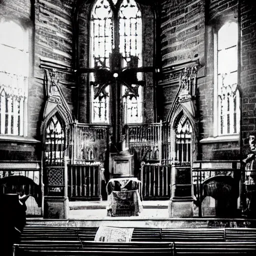 Image similar to photojournalism, old victorian photo, atmospheric, Victorian, Terminator machine skeleton people praying in church made of impossible geometry, colorful