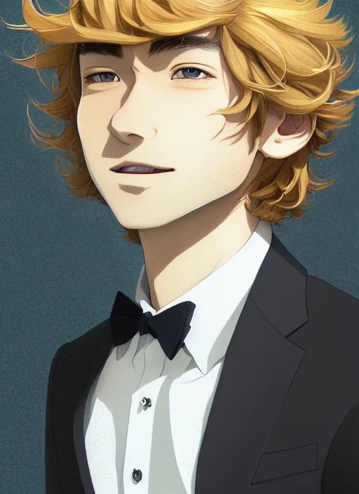 Image similar to young man with medium - length, curly, golden hair, perfectly proportioned face, aquamarine eyes, sweet smile, wearing a black suit, natural lighting, path traced, highly detailed, high quality, cartoon, digital painting, by new haicheng and studio ghibli