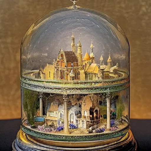 Prompt: an old photo of a miniature tabletop castle under an ornate glass dome, by paulette tavormina and vermeer, hyper realistic, detailed, beautiful bright lighting