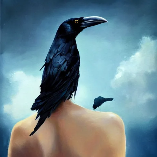 Image similar to morning, raven bird perching on the shoulder of a woman in a black dress. sun, cinematic, clouds, vogue cover style, copper and deep blue mood, realistic painting, intricate oil painting, high detail, figurative art, multiple exposure, poster art, 3 d, by simon bisley, ismail inceoglu, wadim kashin, filip hodas.