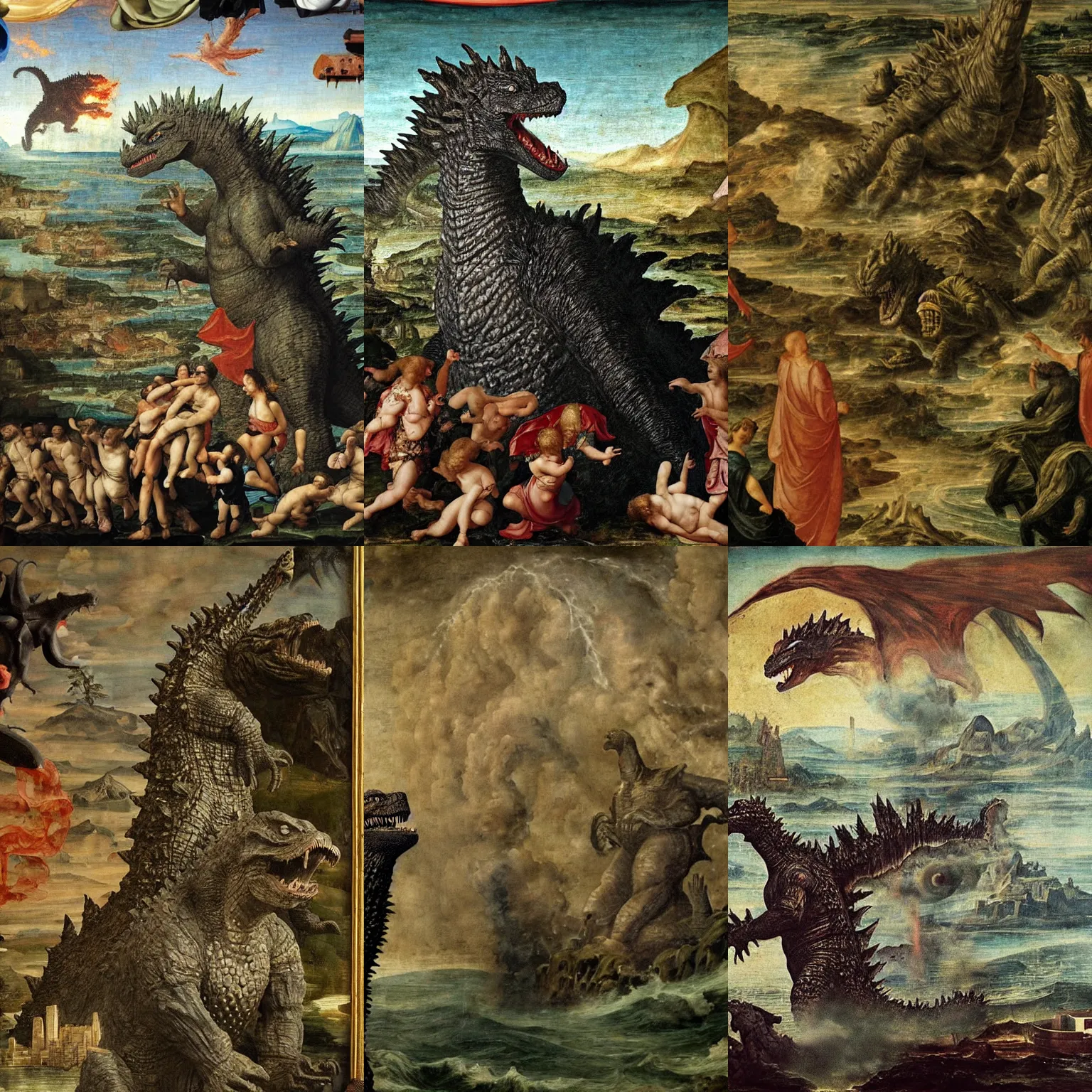 Prompt: godzilla in the background of a renaissance painting, very detailed, award - winning, classic art,