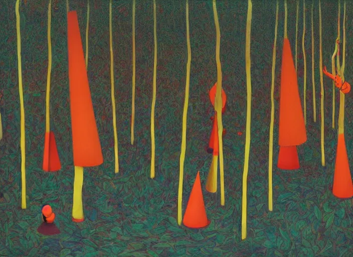 Image similar to a forest with a 5 orange cones scattered about, by surrealist james jean, in the style of francis bacon and edward hopper and beksinski