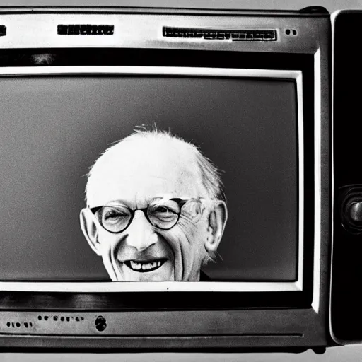 Image similar to a smiling old man on an old tv screen
