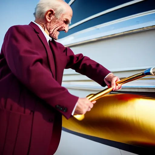 Image similar to wrinkled hunchbacked old man in musty burgundy suit, polishing painting the side of a huge gold plated mega yacht with a cloth, maintenance photo