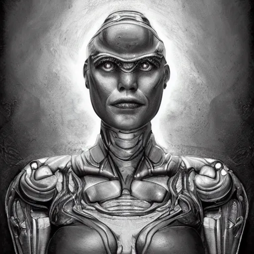 Image similar to a 3 d stone render portrait of a cyborg machina - nymphette by tony diterlizzi and h. r giger, ilford hp 5, 5 5 mm, hyper realistic, hyper - mechanistic by artgerm, tomasz alen kopera, peter mohrbacher, hyper - goth, horror - core, joseph christian leyendecker