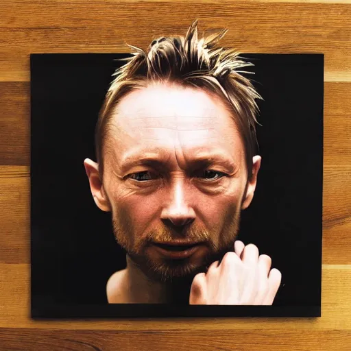 Image similar to photograph of print of thom yorke picture on a table, hyper realistic, variations of thom yorke, high quality photograph, mixed styles, intricate details, diverse