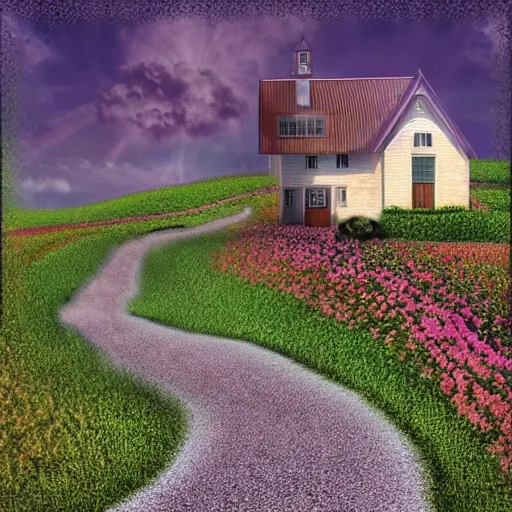 Image similar to blooming gravel path, house on a hill, digital art