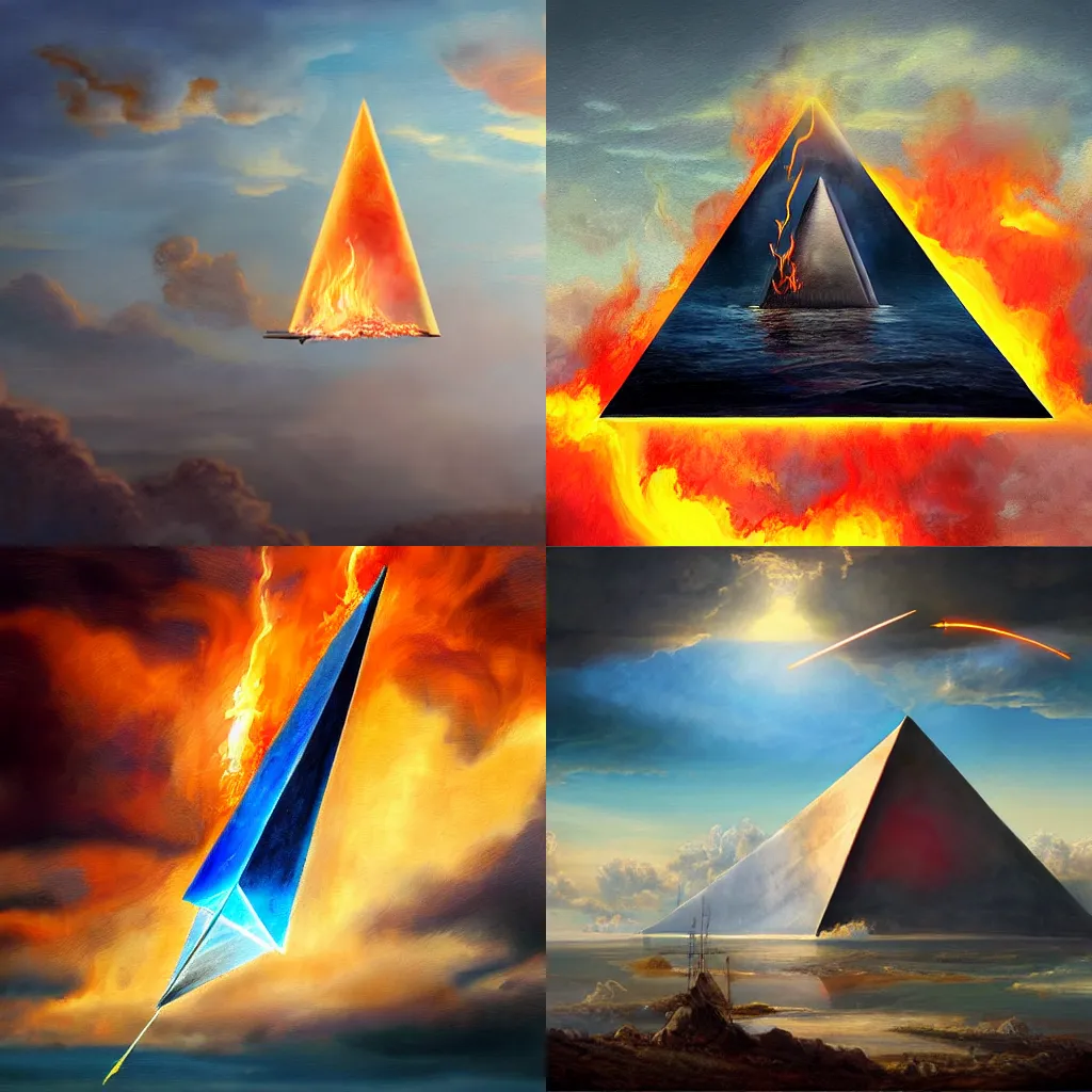 Prompt: illustration of a flaming triangle floating in the sky, realistic painting, classical painting, high definition, digital art, matte painting, very detailed, realistic